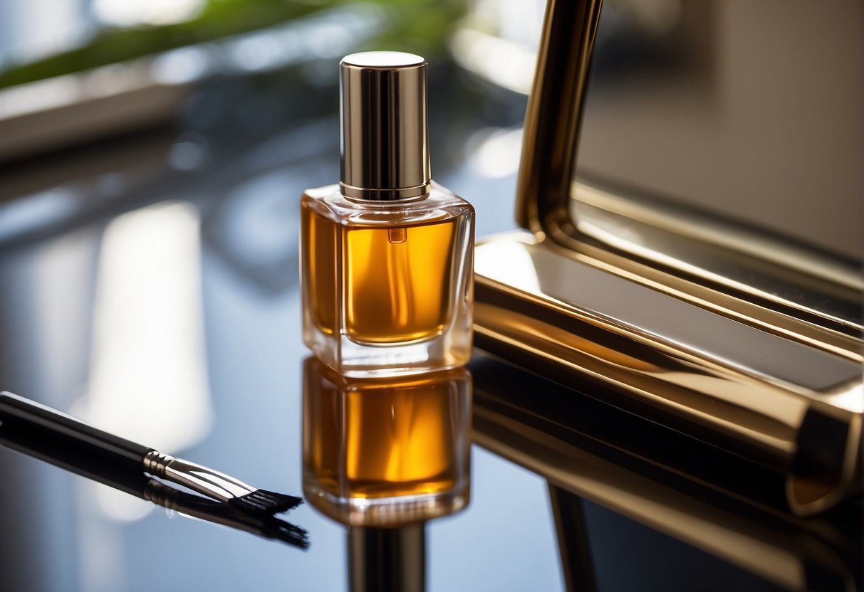 A bottle of eyebrow serum placed on a clean, well-lit vanity with a mirror. A pair of tweezers and a magnifying glass are nearby, along with a chart showing the growth cycle of eyebrow hair