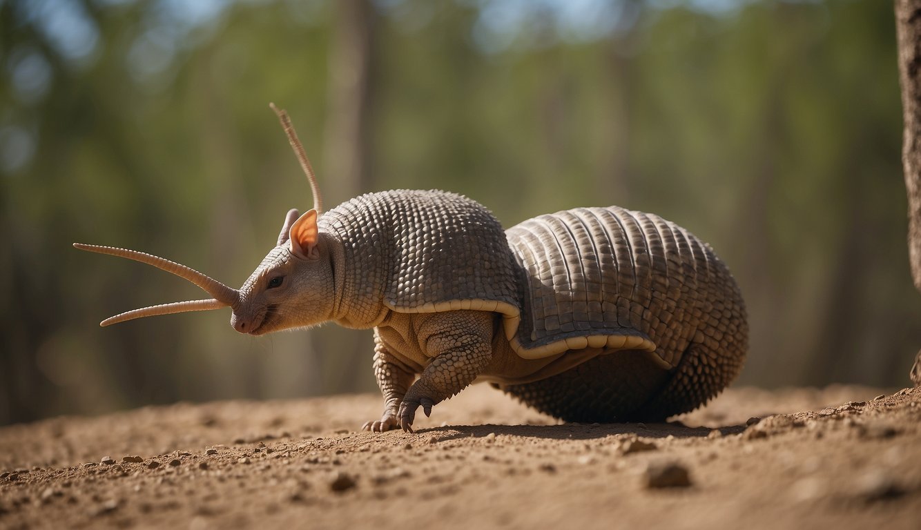 An armadillo curls into a tight ball, its armored shell protecting it from predators.

The animal shows a defensive behavior in its natural habitat