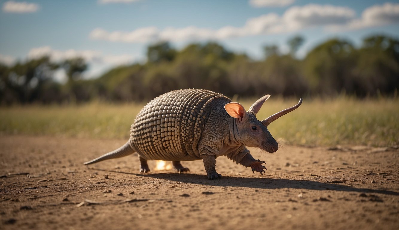 An armadillo rolls into a tight ball as a defense mechanism.

It is surrounded by a variety of threats such as predators and habitat destruction