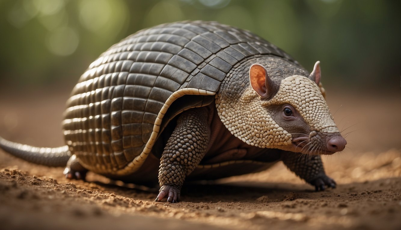 An armadillo rolls into a tight ball, its armored plates forming a protective shield.

Its head tucks in, and it remains still