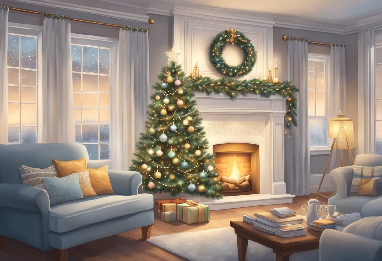 A white tree adorned with shimmering ornaments and twinkling lights, surrounded by a cozy living room with a fireplace and stockings hung with care