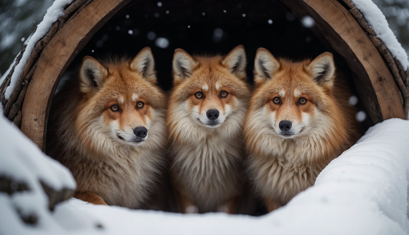 Animals huddle together inside a cozy den, surrounded by thick fur and nestled in a pile of soft, insulating materials.

Outside, snow falls gently, but inside, the animals are snug and warm