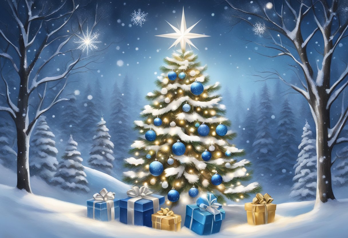 A white tree adorned with silver and blue ornaments, twinkling lights, and shimmering snowflakes. A star sits on top, while presents and snow-covered pinecones rest at the base
