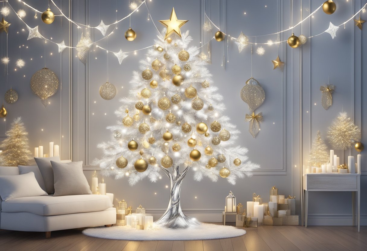 A white tree adorned with gold and silver ornaments, surrounded by matching metallic accents and twinkling fairy lights