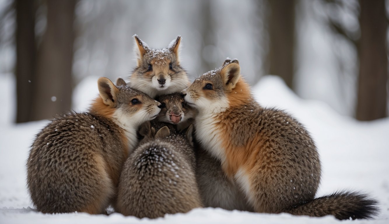 Animals huddle close together, fluffing their fur and tucking in their limbs to conserve heat.

Some burrow into the snow or find shelter to stay warm