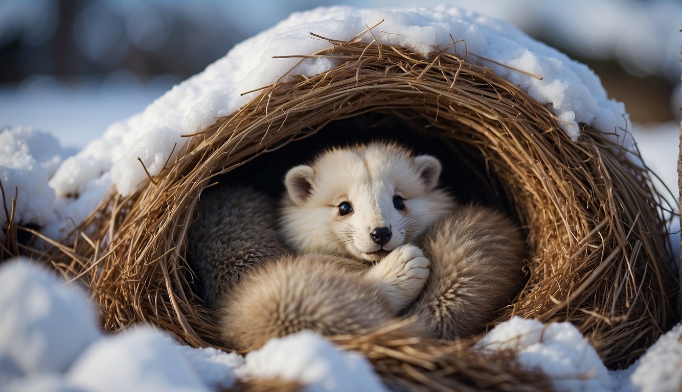 A fluffy animal huddles inside a cozy burrow, surrounded by insulating materials like fur and feathers, staying warm in the cold