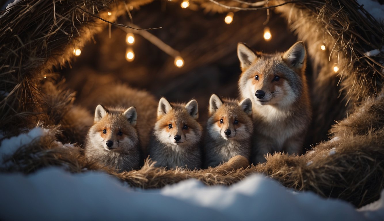 Animals huddle together in a cozy den, surrounded by fur-lined nests and insulated burrows.

Snowflakes fall outside as they share body heat to stay warm