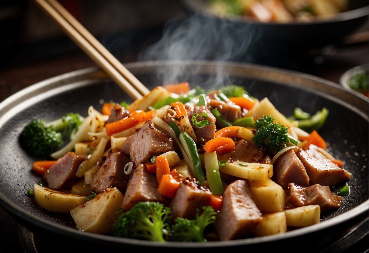 A bamboo shoot and pork stir-fry sizzling in a wok over high heat. The steam rises as the ingredients are tossed together with a savory sauce