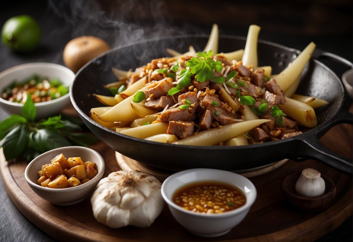 Bamboo shoots and pork sizzling in a wok with garlic and ginger. Soy sauce and spices add aroma