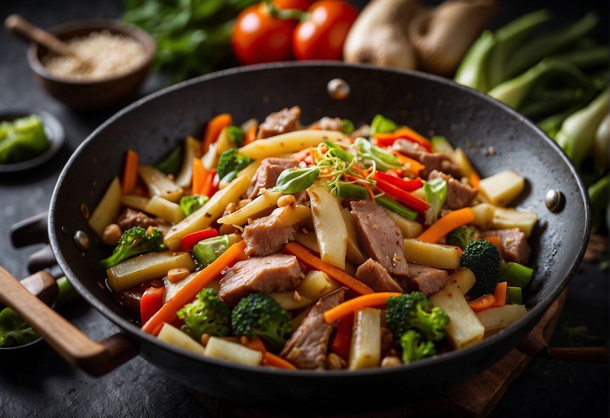 Bamboo shoots and pork stir-fry in a sizzling wok, surrounded by colorful array of fresh vegetables and aromatic spices