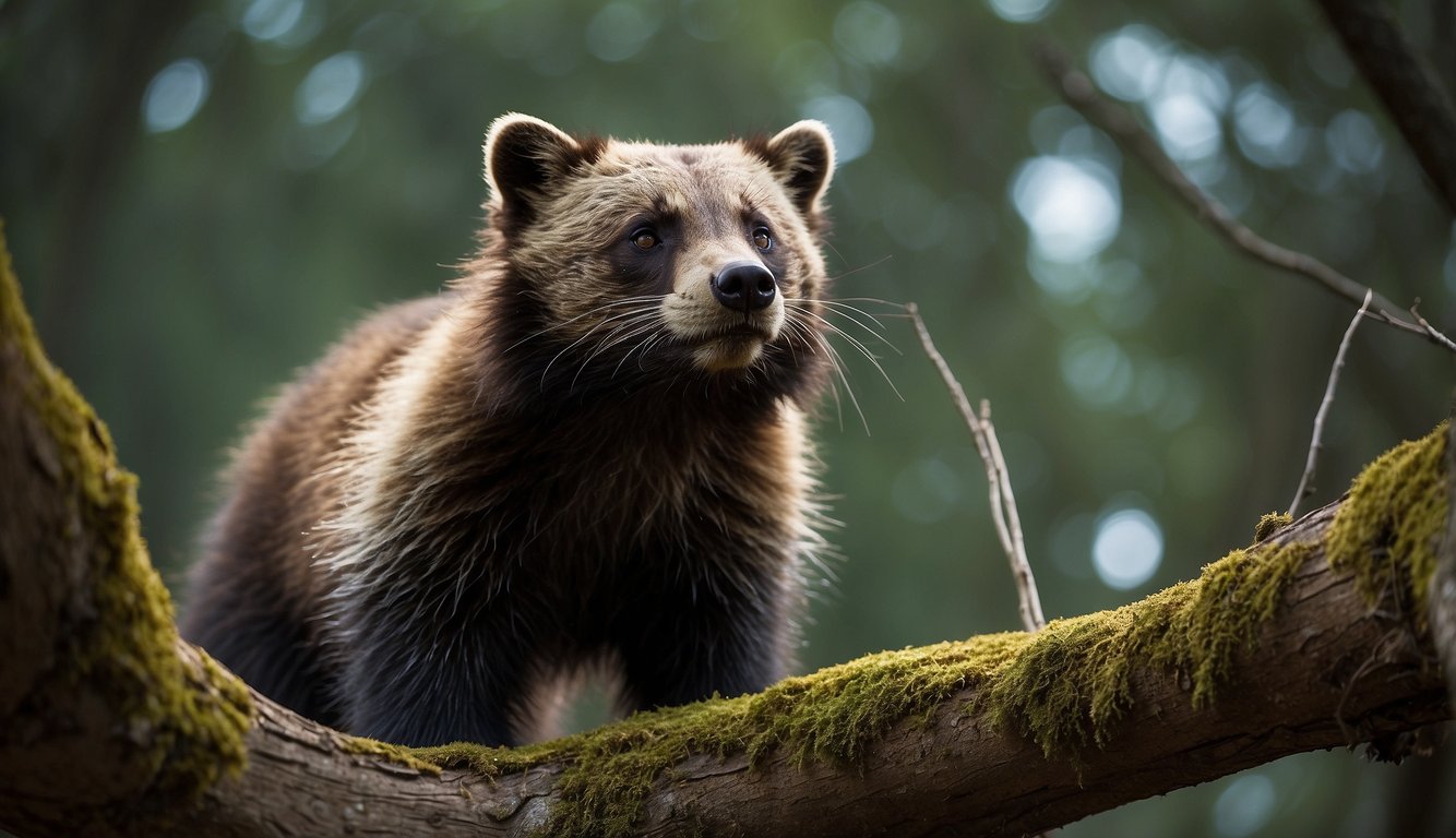 A wolverine stands tall, sniffing the air with its nose raised high.

It leaves a scent mark on a tree, communicating its presence to others