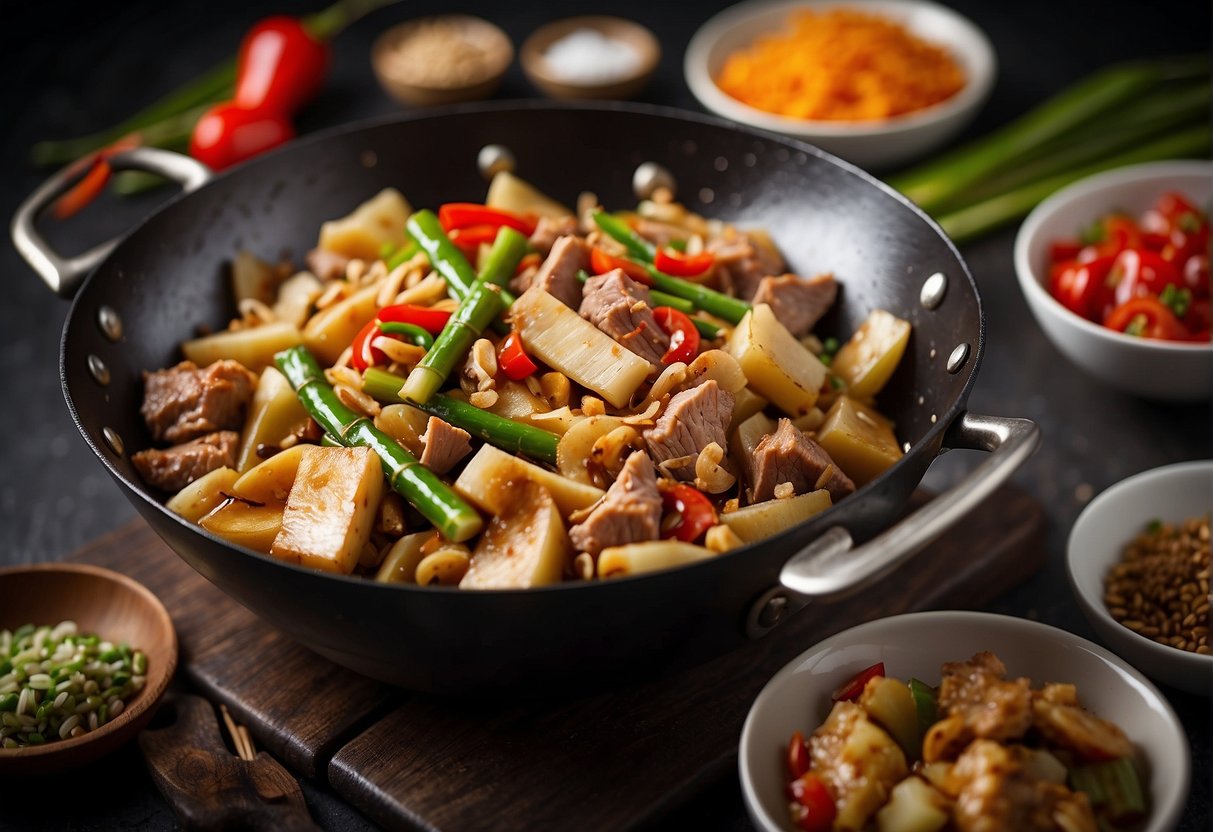 A bamboo shoot and pork stir-fry sizzling in a wok with aromatic Chinese spices and sauces