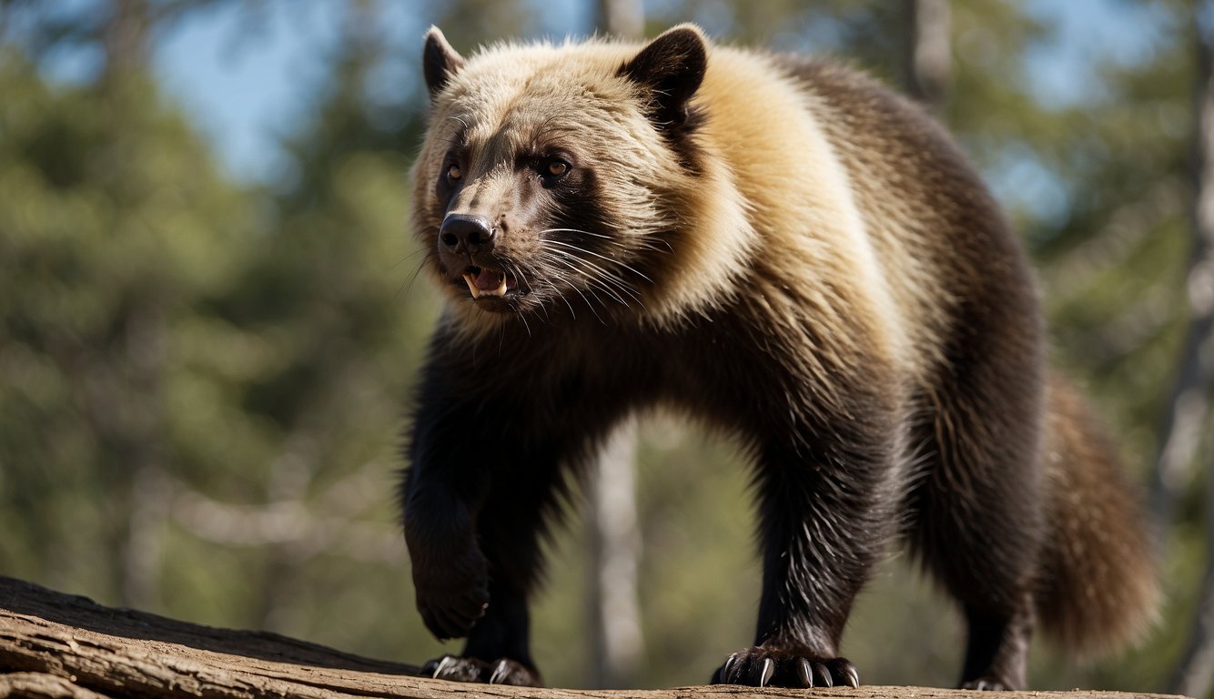 A wolverine stands tall, sniffing the air with its nose lifted.

It scratches the ground, leaving a scent mark, while other wolverines watch nearby