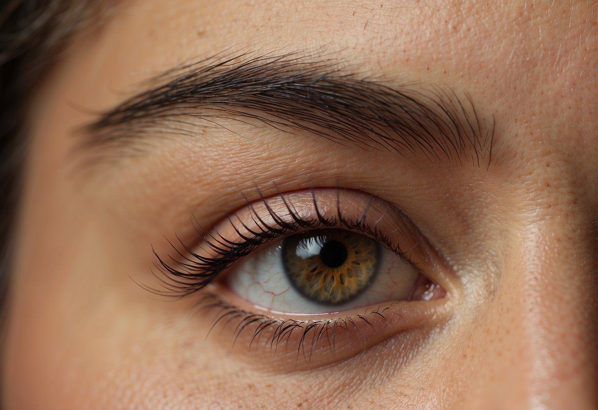 A close-up of a single eyebrow with detailed focus on the individual hairs and their direction and angle