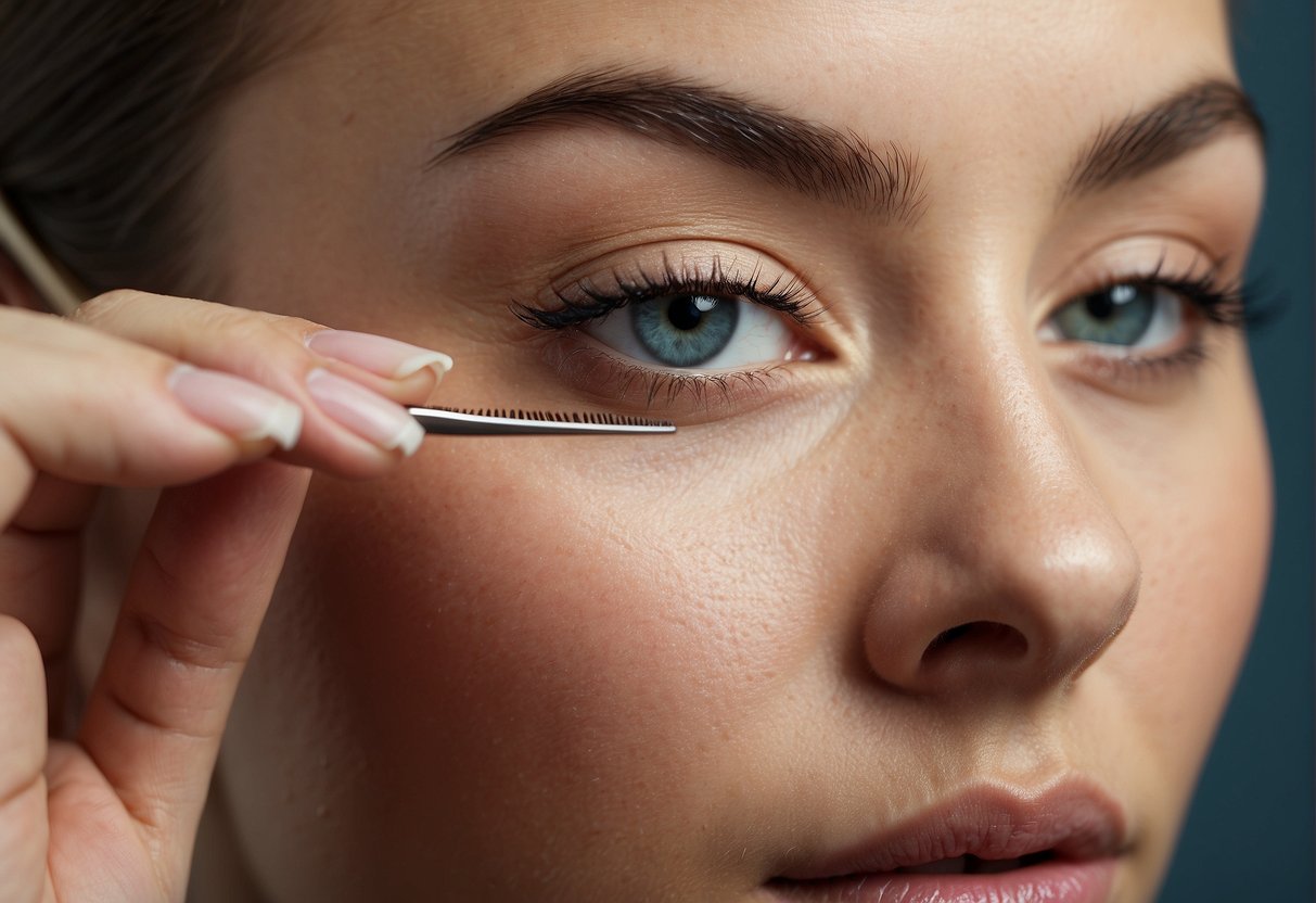 A pair of tweezers plucking stray eyebrow hairs, while a small brush grooms and shapes the remaining hairs for a polished and enhanced look
