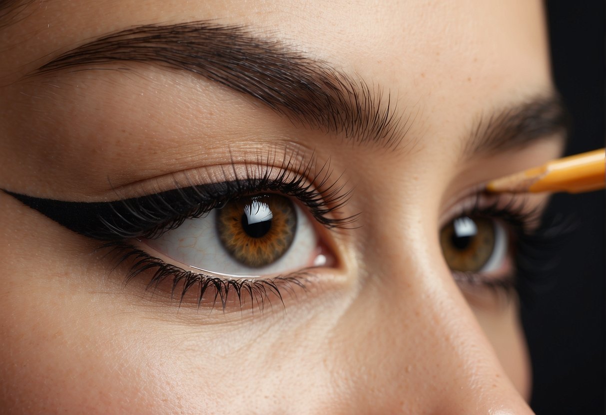 A hand holding a brow pencil, gently filling in and shaping the eyebrows with precise, short strokes