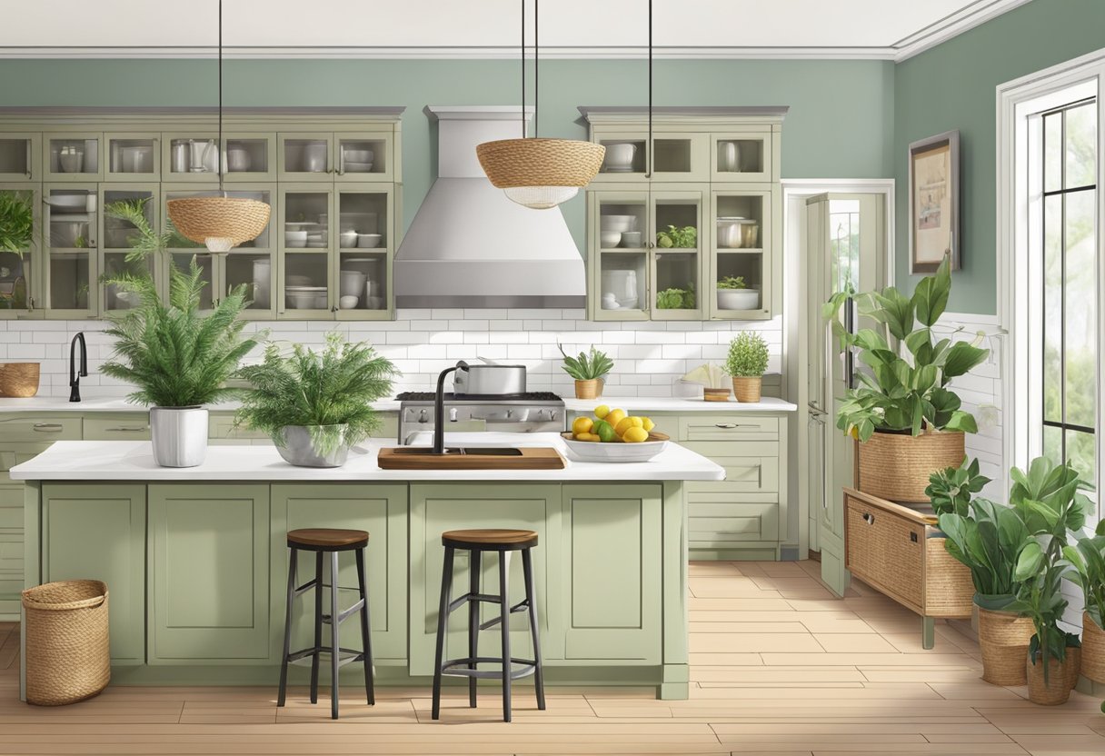 A kitchen with plants, baskets, and decorative items placed on top of the cabinets