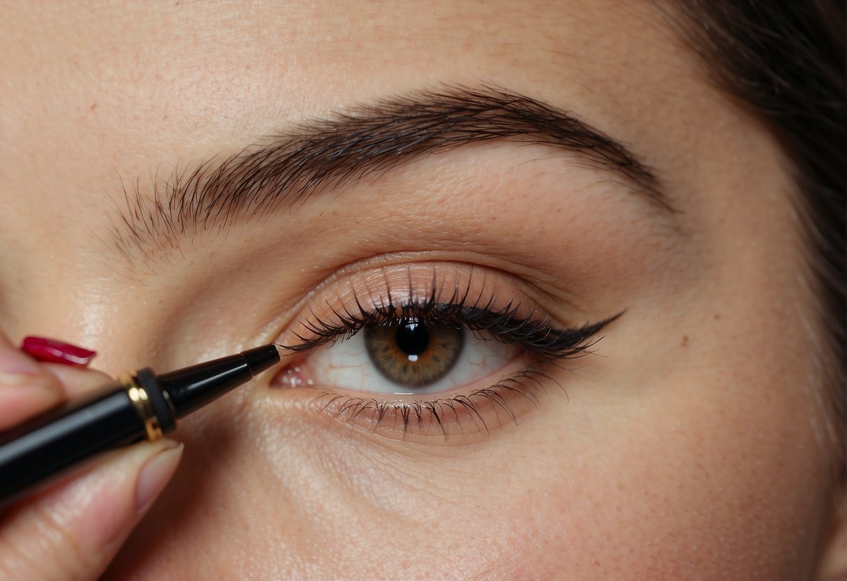 The scene shows a hand holding a brow pencil, applying it to a brow. The pencil is carefully filling in and shaping the brow, creating a defined and polished look