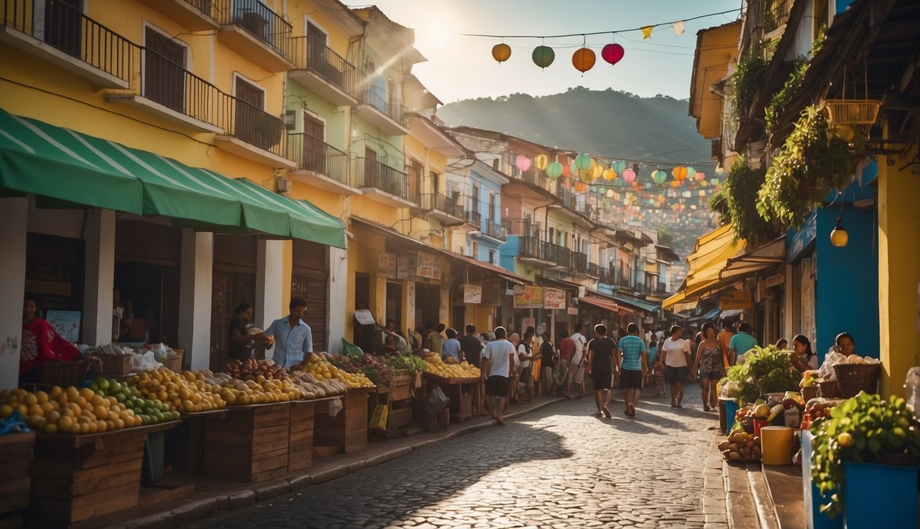 A Brazilian street with colorful buildings and signs, people shopping and receiving cashback rewards