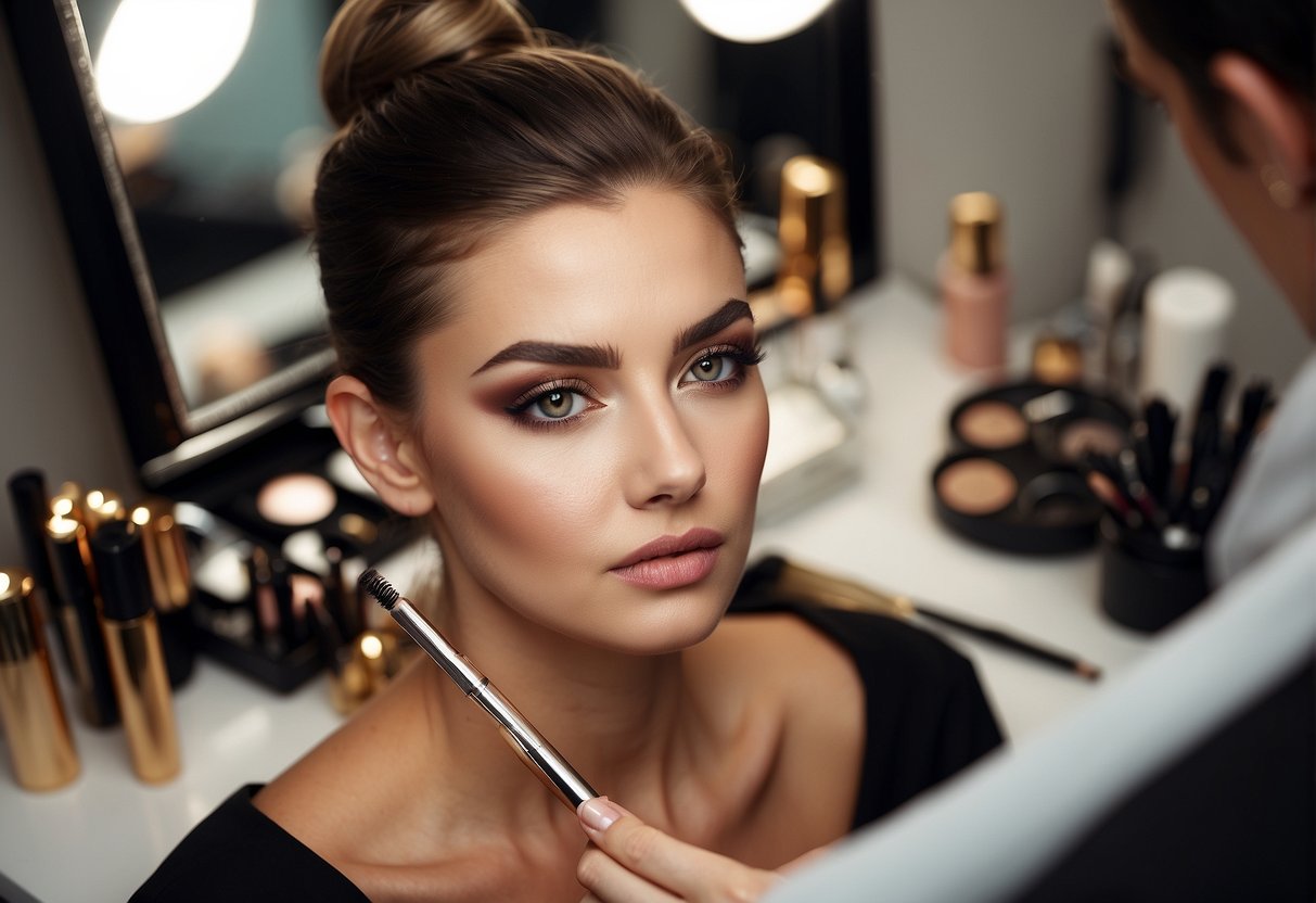 A woman using a brow pencil to shape and fill in her eyebrows, with various beauty products and tools scattered on a vanity table