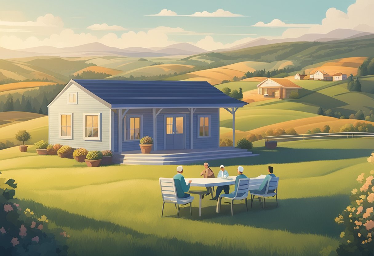 A rural clinic with a doctor providing cancer care to patients, surrounded by rolling hills and a peaceful countryside setting