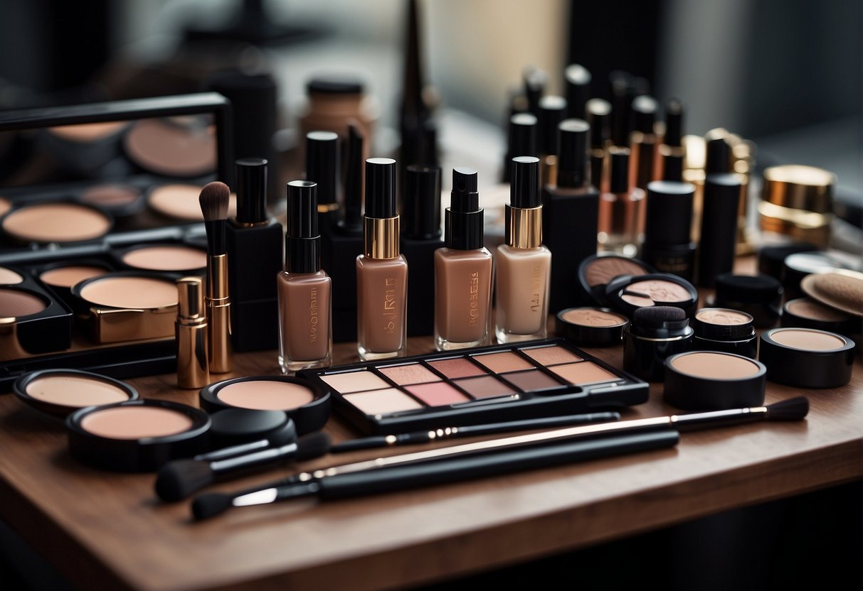 A table with various makeup and eyebrow products arranged neatly for creating perfect eyebrows on a woman