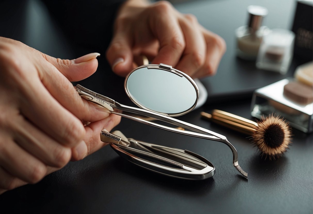 A woman's hand holding a pair of tweezers, with a mirror and various eyebrow grooming products scattered on a table