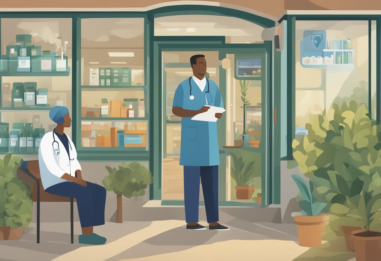 A rural clinic with a doctor discussing cancer treatment options with a patient. Nearby, a pharmacy offers various medications