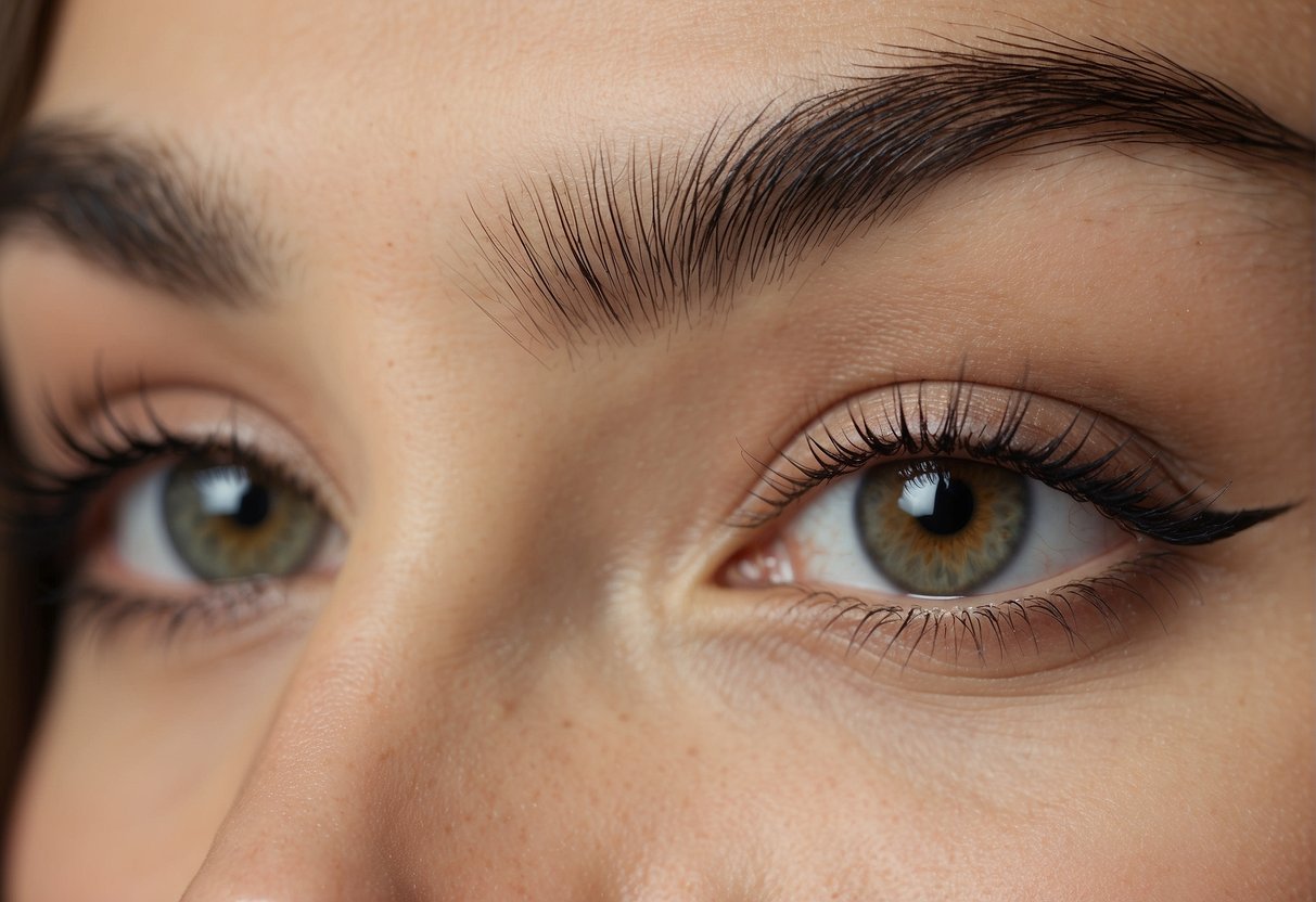 A close-up of natural-looking, well-groomed eyebrows with a soft, feathery texture and a slight arch, framed by a clean, defined brow shape