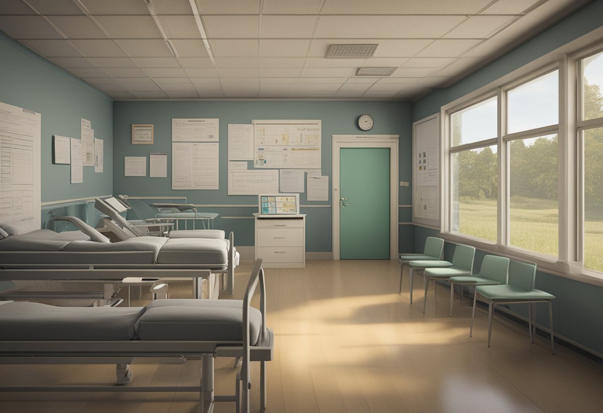 A rural clinic with data charts, research papers, and national news articles on cancer care