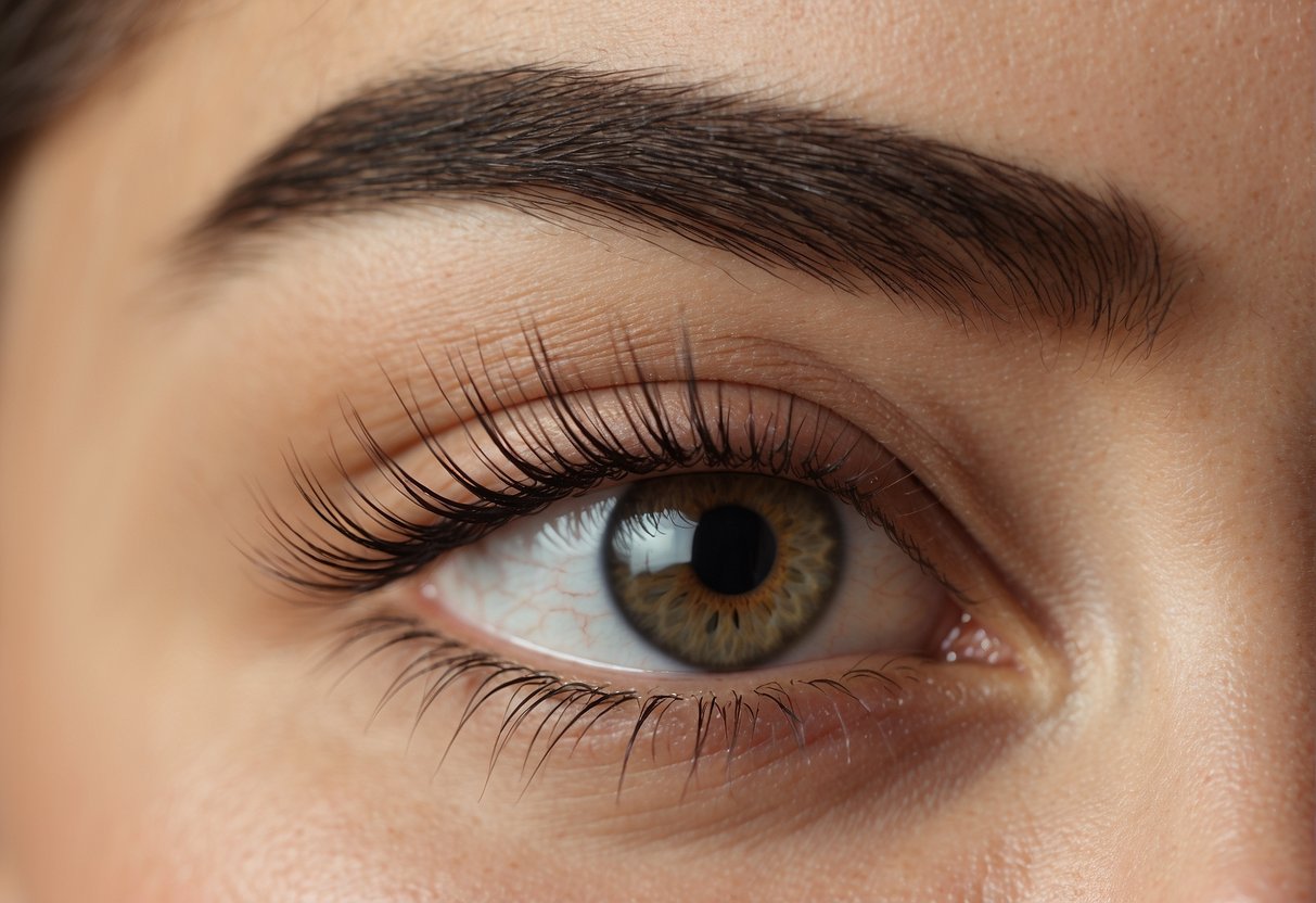 A close-up of natural, full eyebrows, groomed with a brush and filled in with a pencil or powder for a defined and polished look