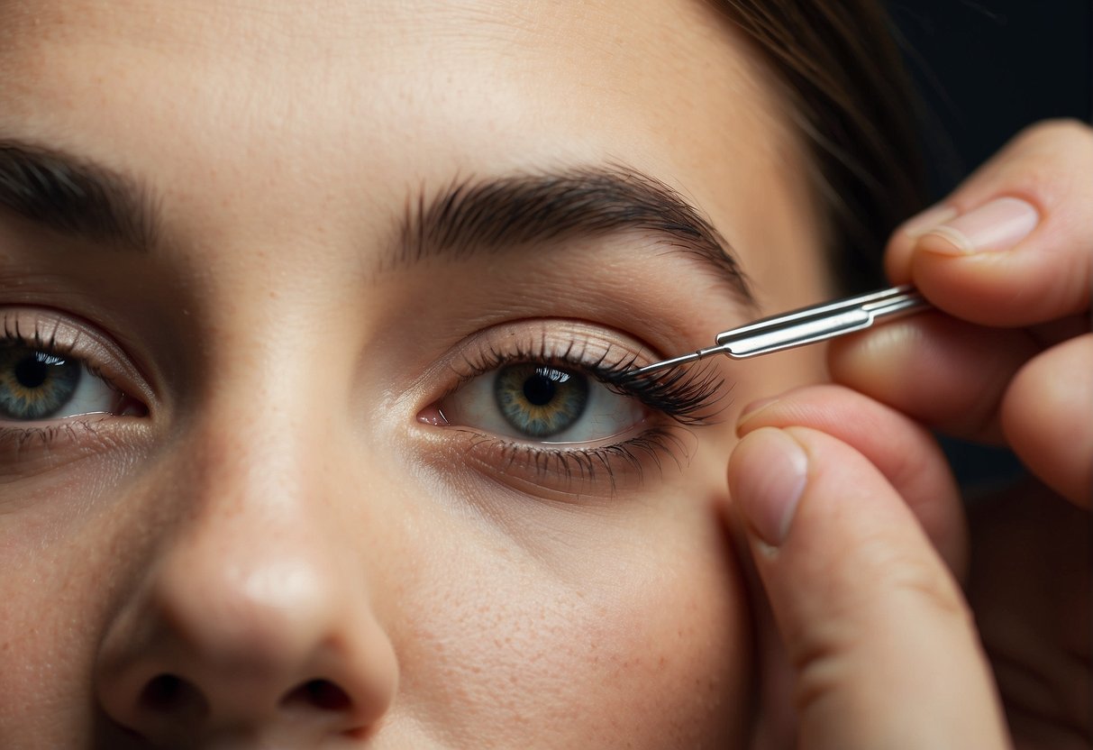 A hand holding tweezers plucking stray eyebrow hairs, shaping the brow into a defined and elegant arch