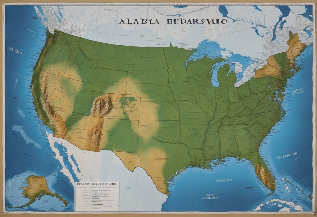 Alaska's map with surrounding states, closest being shown