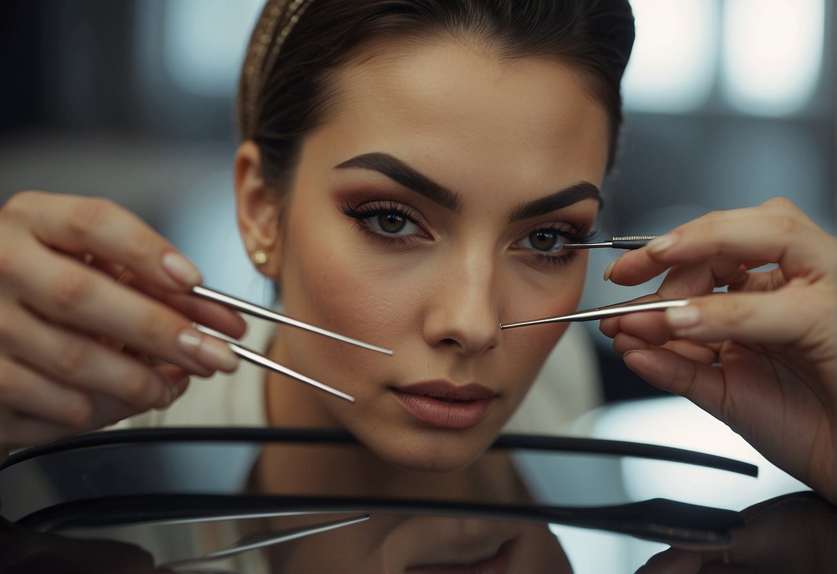 A woman holding a pair of tweezers, carefully shaping her eyebrows with a mirror and various eyebrow grooming tools on a table