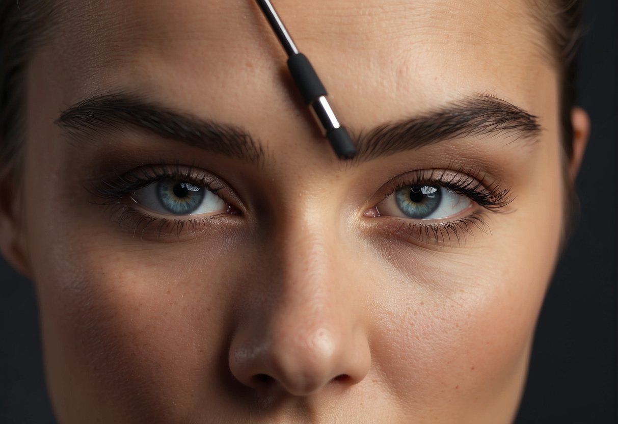 A close-up view of a pair of eyebrows with a noticeable hole in one of them, surrounded by tools or makeup products used to conceal the gap
