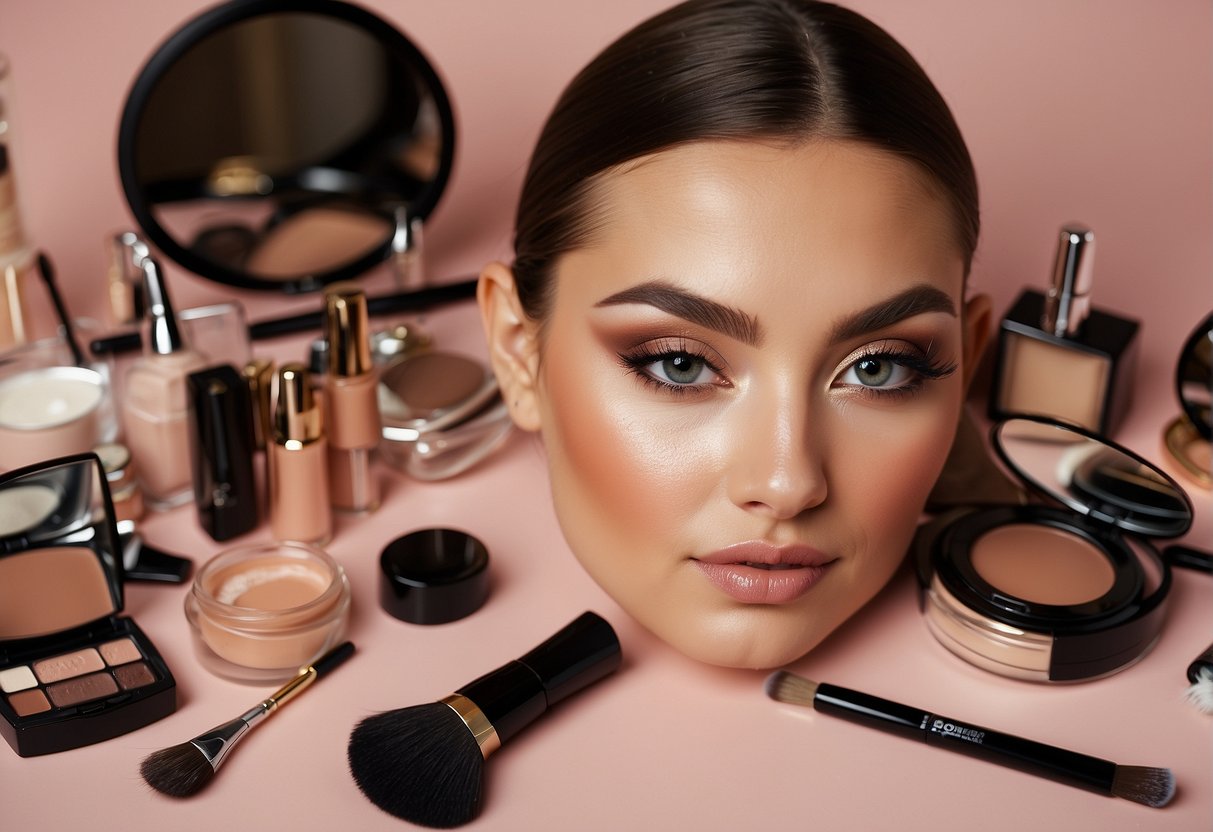 A person using makeup to cover a small hole in their eyebrow, with various cosmetic products and tools scattered on a table