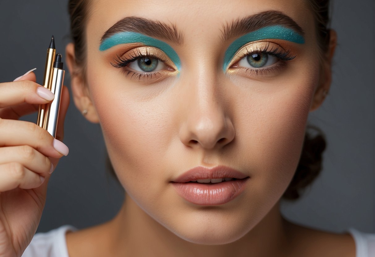 A hand holding different colored eyebrow pencils, with a mirror and natural lighting for color comparison