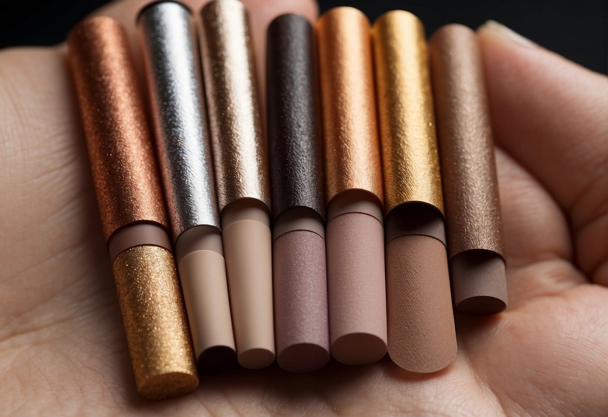 A hand holding different eyebrow pencils, with swatches of various colors on the skin, demonstrating how to choose the right shade for perfect eyebrow enhancement