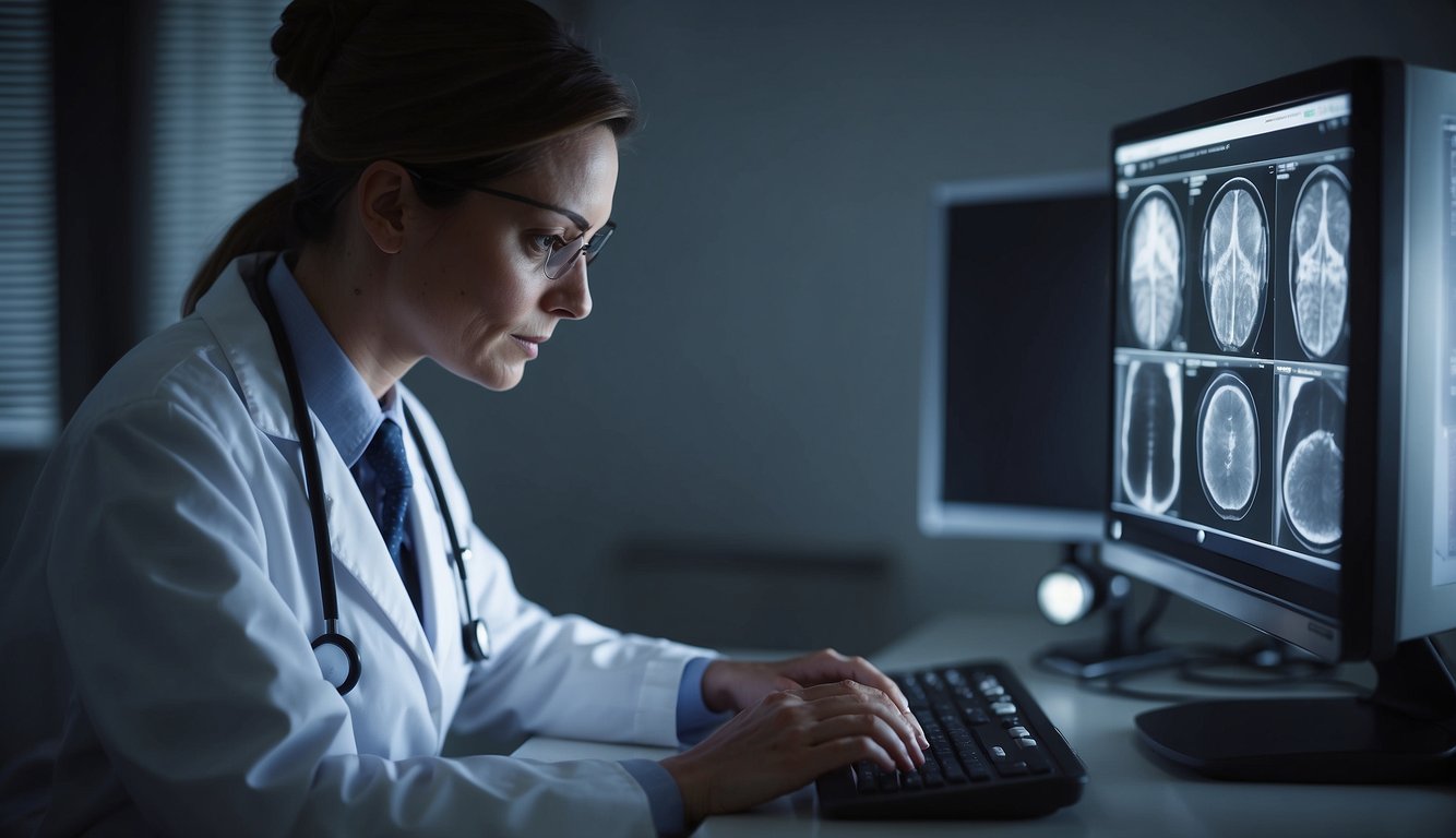 A doctor examining ultrasound images of fibroid growths in a patient's uterus