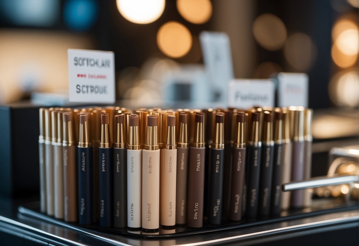 A display of various eyebrow pencils in different colors with a "Frequently Asked Questions" sign on a clean, organized counter