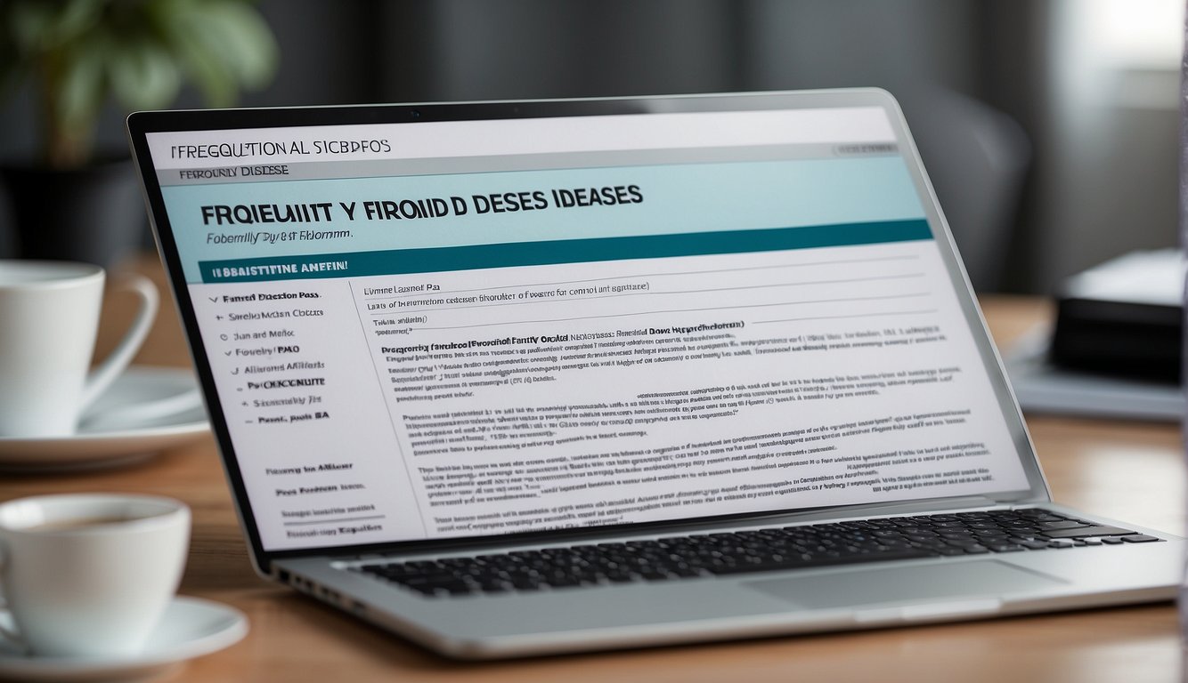 A stack of papers with "Frequently Asked Questions fibroid diseases" printed on top. A computer screen with the same title displayed