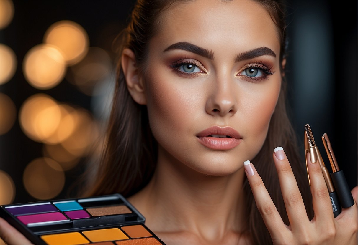 A person holding different eyebrow pencils, comparing colors on a palette