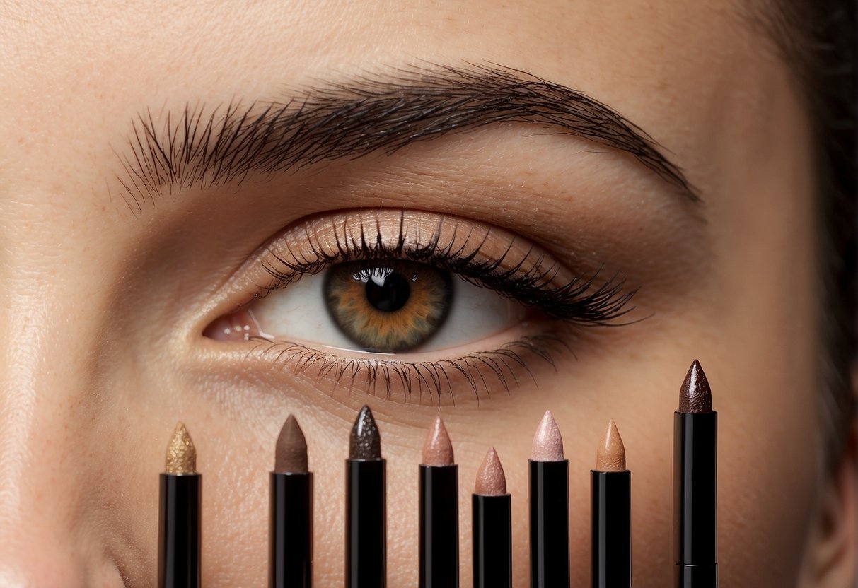 A close-up of different eyebrow pencil shades and a chart of eyebrow colors to help people choose the right shade for their eyebrows