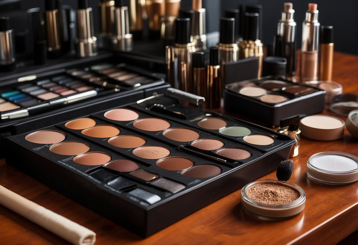 A table with various eyebrow color products and tools, including pencils, gels, and stencils. A color chart displaying different shades of brow color options