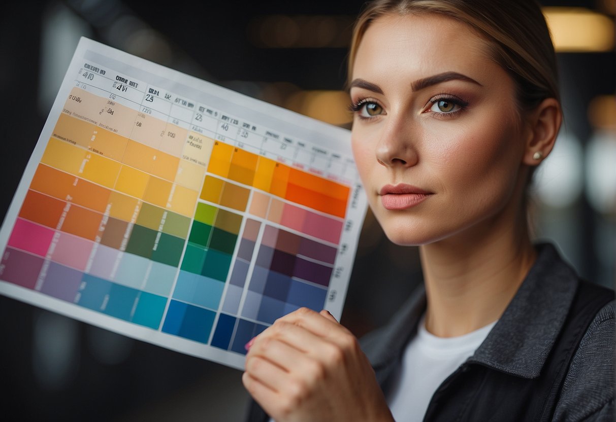 A person holding a color chart and comparing it to their eyebrow