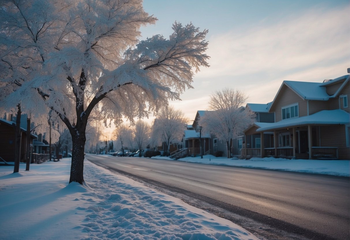 Snow-covered streets, icy winds, and frost-covered trees in Anchorage, Alaska