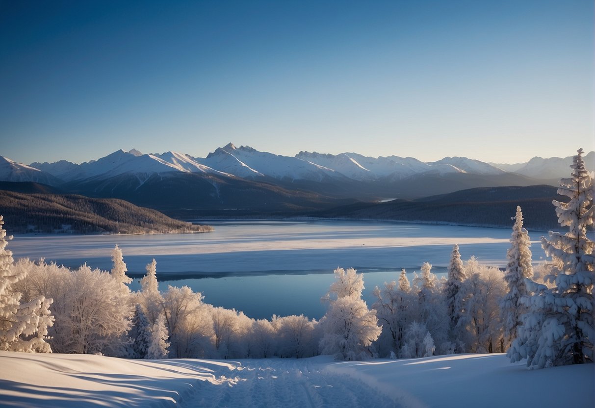 The scene depicts Anchorage, Alaska with snow-covered mountains and frozen lakes. Temperature ranges from -10°F to 30°F, with icy winds blowing through the landscape