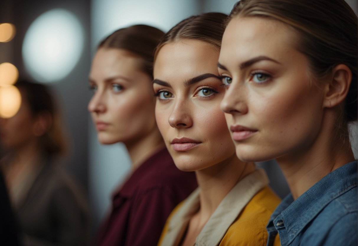 A person comparing different eyebrow shapes on a chart or in a mirror, contemplating which one suits them best