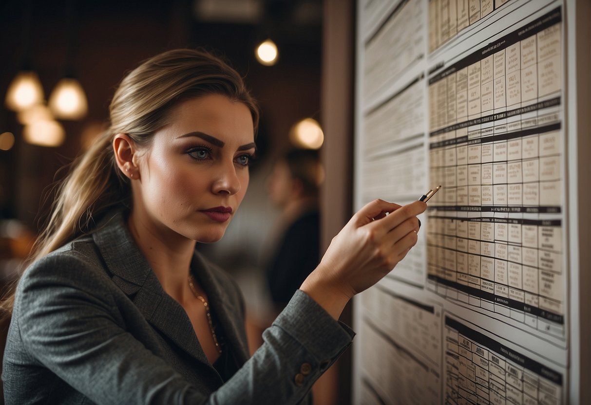 A woman browses a chart of different eyebrow shapes, pondering her options