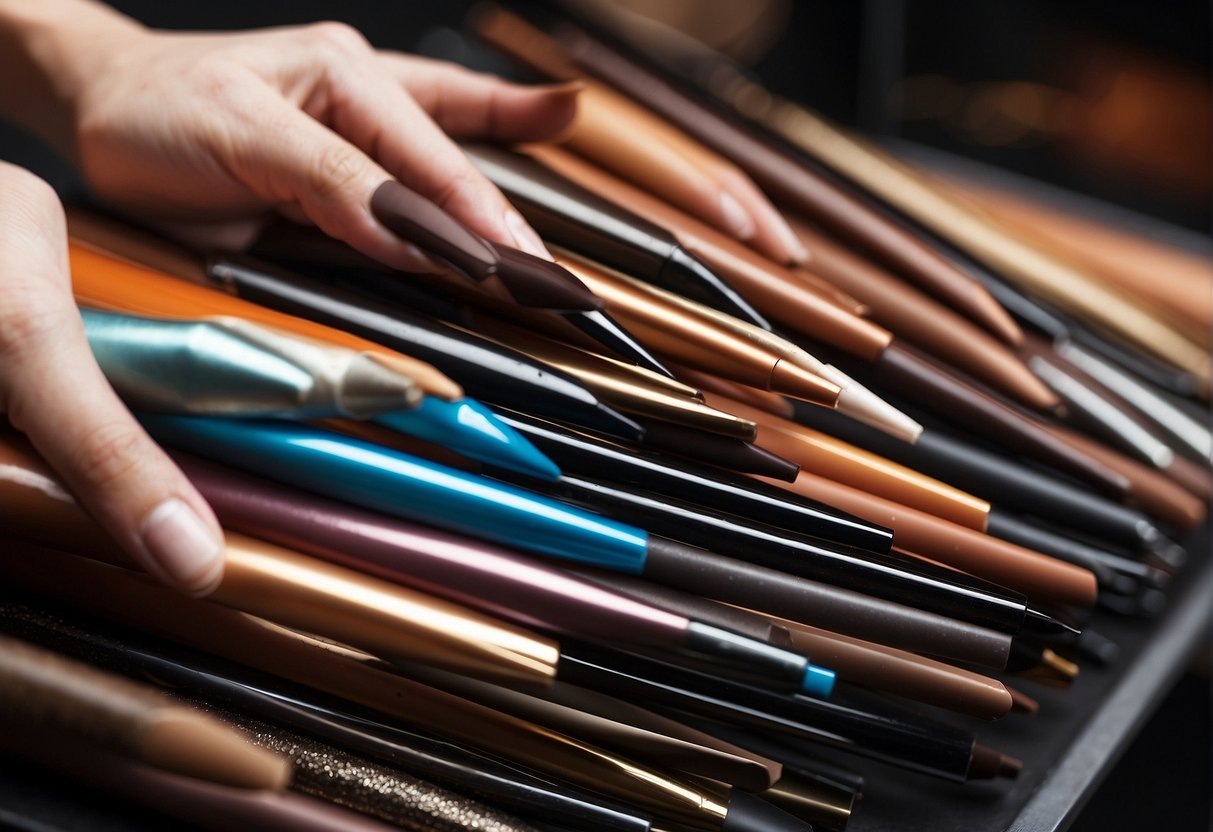 A hand reaching for various eyebrow pencils on a display stand, with different shades and textures to choose from